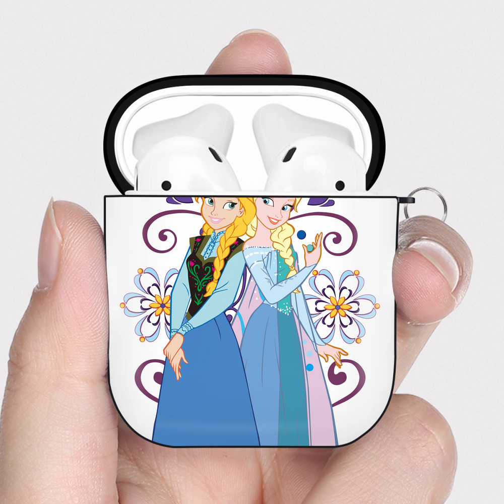 （画像用） アナと雪の女王 アンナ エルサ Frozen Anna Elsa AirPods 第2世代保護ケース ハードシェル ブラック 耐衝撃・防指紋・カラビナ付き