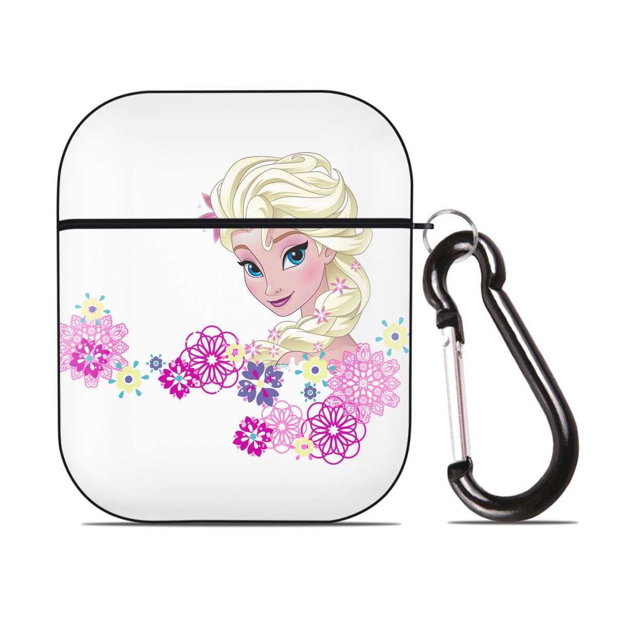 （画像用） アナと雪の女王 アンナ エルサ Frozen Anna Elsa AirPods 第2世代保護ケース ハードシェル ブラック 耐衝撃・防指紋・カラビナ付き